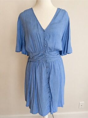 a new day Light Blue Polka Dot V-Neck Button Dress